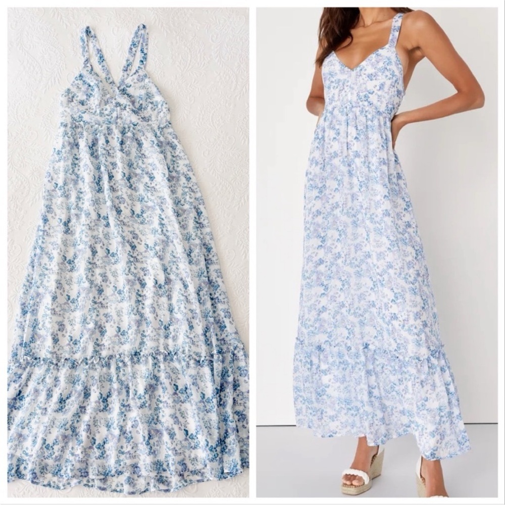 Lulu's White and Light Blue Floral Maxi Dress